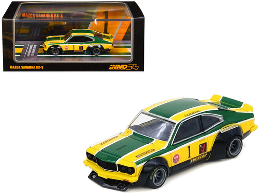 Mazda RX-3 Savanna RHD (Right Hand Drive) #1 &quot;Katayama Racing Livery&quot; Green and Yellow Striped 1/64 Diecast Model Car by Inno Models