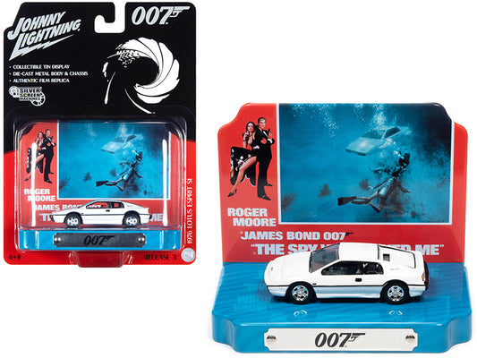 1976 Lotus Esprit S1 White with Collectible Tin Display &quot;007&quot; (James Bond) &quot;The Spy Who Loved Me&quot; (1977) Movie (10th in the James Bond Series) 1/64 Diecast Model Car by Johnny Lightning