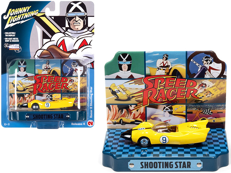 Racer X Shooting Star #9 Yellow with Collectible Tin Display &quot;Speed Racer&quot; 1/64 Diecast Model Car by Johnny Lightning