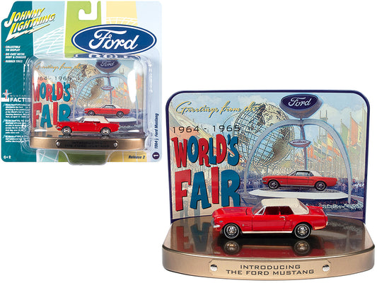 1964 1/2 Ford Mustang Rangoon Red with Red Interior with Collectible Tin Display &quot;Introducing The Ford Mustang&quot; &quot;Greetings from World's Fair 1964-1965&quot; 1/64 Diecast Model Car by Johnny Lightning