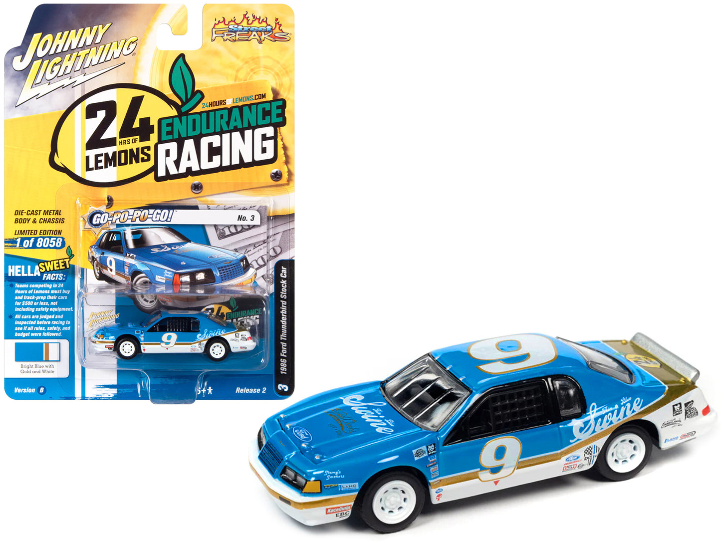 1986 Ford Thunderbird Stock Car #9 Bright Blue &quot;Go-Po-Po-Go!&quot; 24 Hours of Lemons &quot;Street Freaks&quot; Series Limited Edition to 8058 pieces Worldwide 1/64 Diecast Model Car by Johnny Lightning