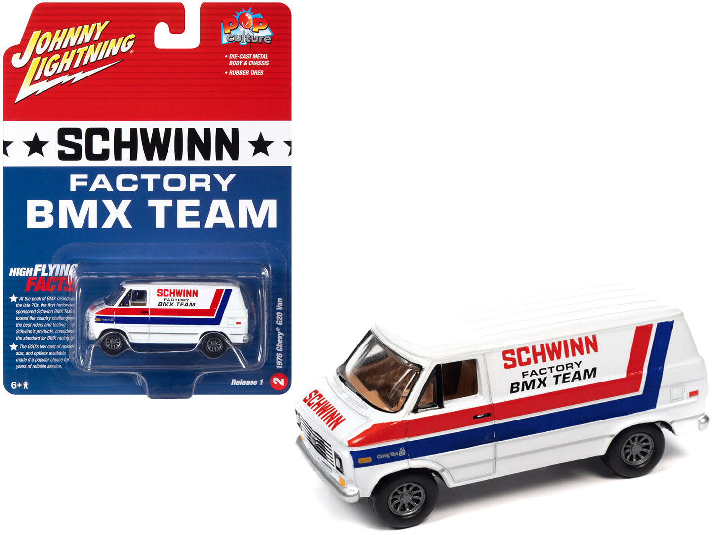 1976 Chevrolet G20 Van White with Stripes &quot;Schwinn Factory BMX Team&quot; &quot;Pop Culture&quot; 2023 Release 1 1/64 Diecast Model Car by Johnny Lightning