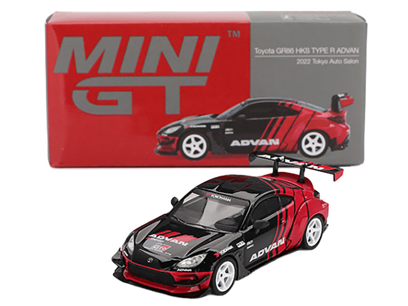 Toyota GR86 &quot;HKS TYPE R ADVAN&quot; RHD (Right Hand Drive) Black and Red &quot;2022 Tokyo Auto Salon&quot; Limited Edition 1/64 Diecast Model Car by Mini GT