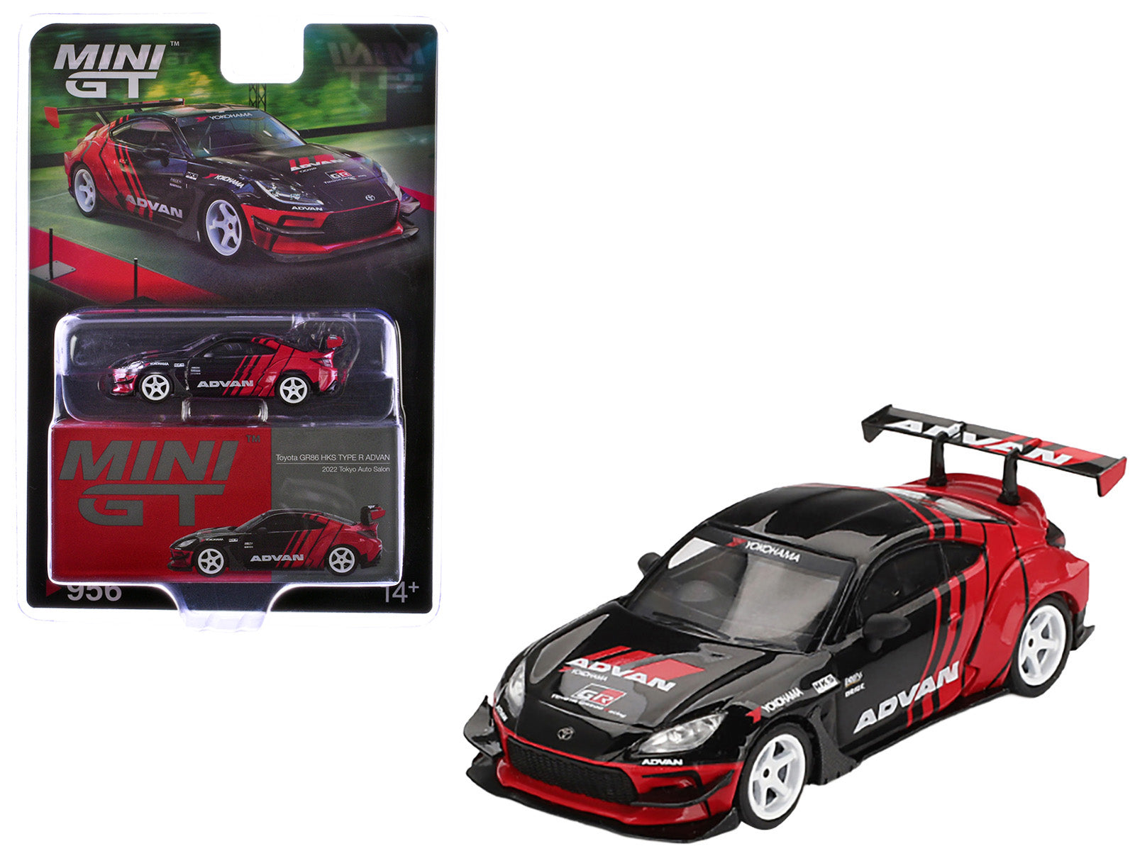 Toyota GR86 &quot;HKS TYPE R ADVAN&quot; RHD (Right Hand Drive) Black and Red &quot;2022 Tokyo Auto Salon&quot; Limited Edition 1/64 Diecast Model Car by Mini GT