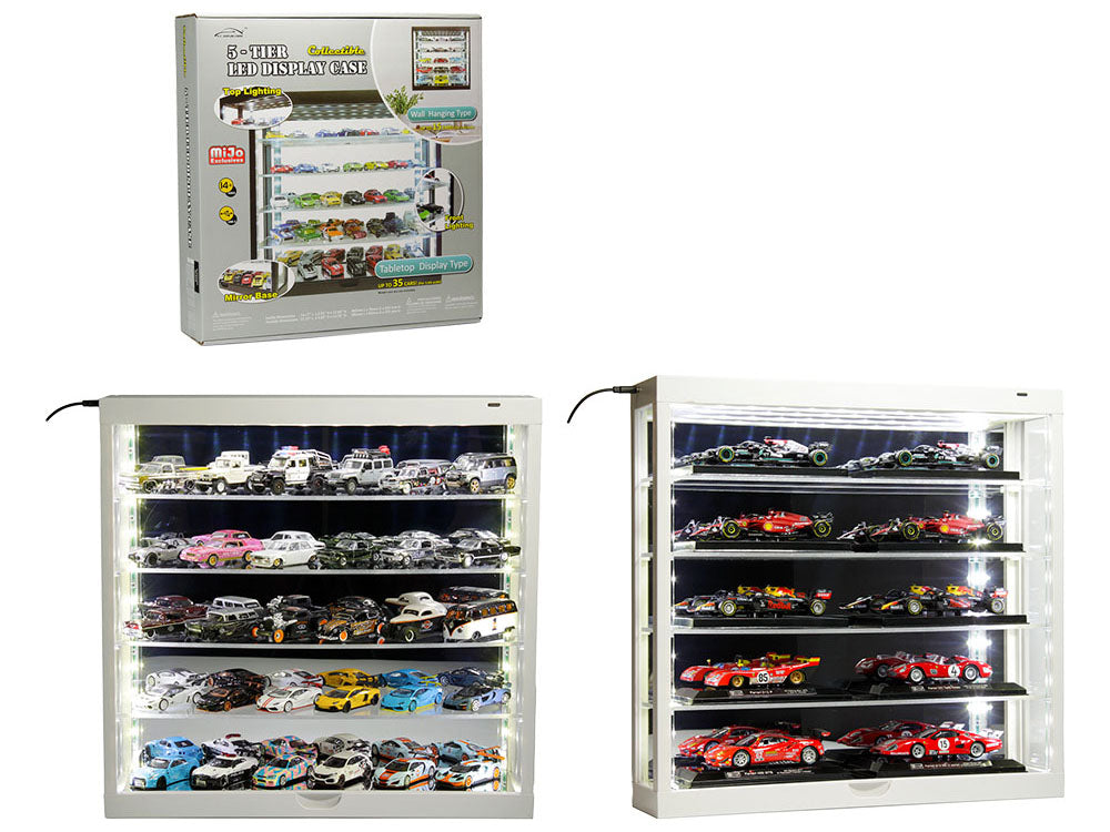 Showcase Wall Mount 5 Tier Display Case White with Mirror Back Panel &quot;Mijo Exclusives&quot; for 1/64-1/43 Scale Models