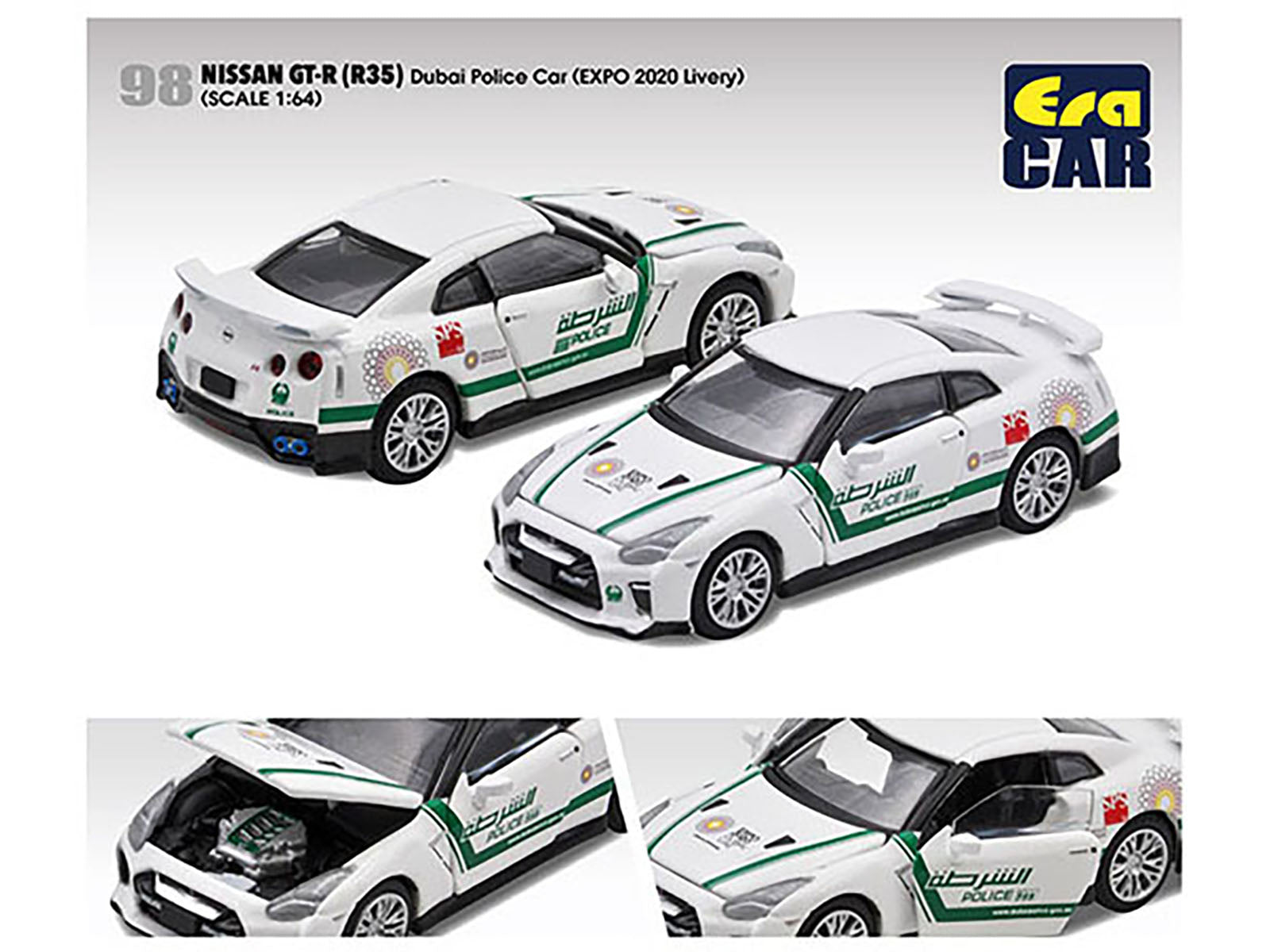 Nissan GT-R (R35) White Dubai Police &quot;EXPO 2020&quot; Livery Limited Edition to 720 pieces Worldwide 1/64 Diecast Model Car by Era Car