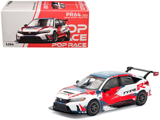Honda Civic Type R TCR &quot;Presentation&quot; White with Graphics 1/64 Diecast Model Car by Pop Race