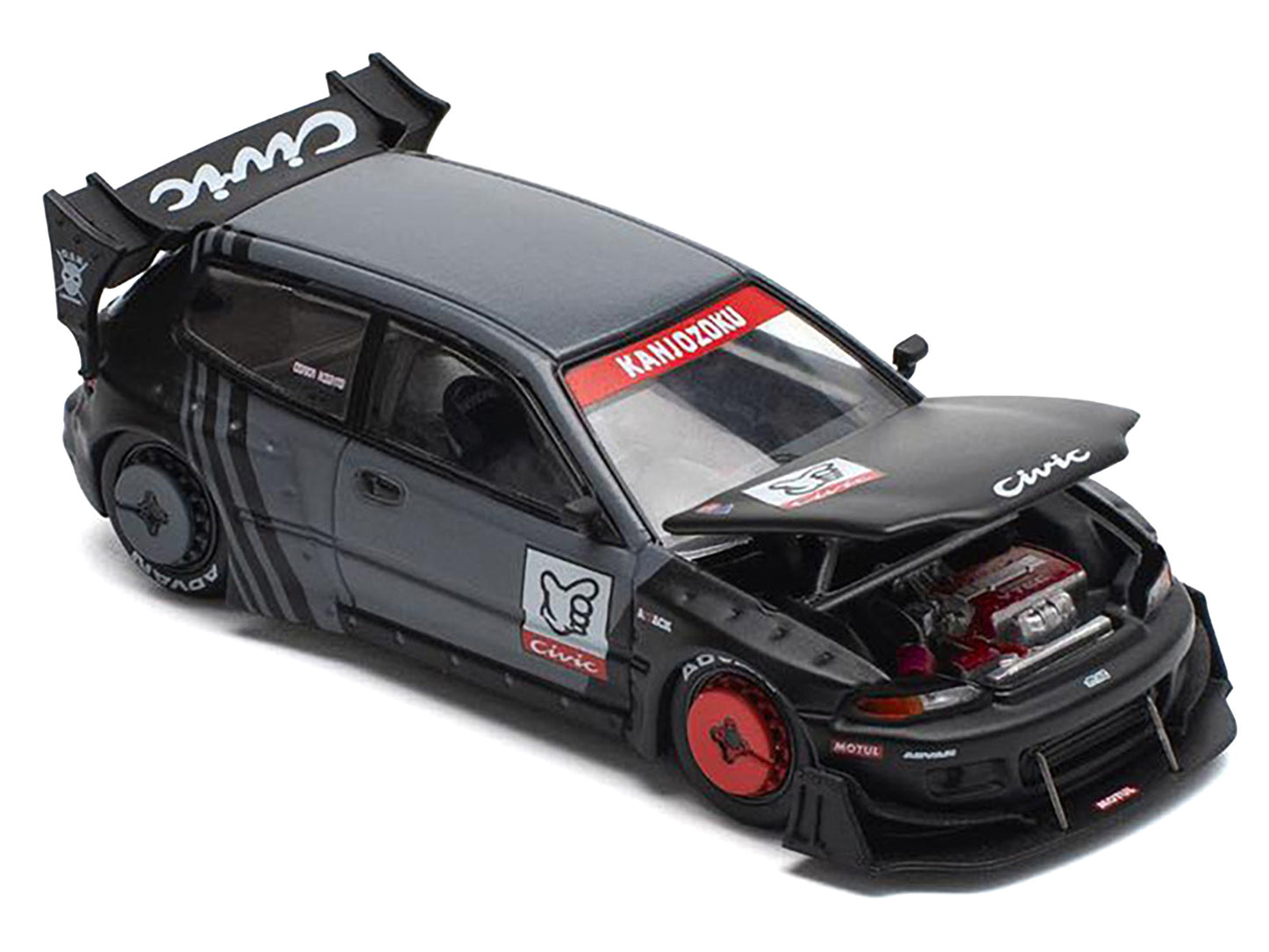 Pandem Civic EG6 RHD (Right Hand Drive) &quot;Kanjozoku&quot; Matt Black and Gray with Graphics 1/64 Diecast Model Car by Pop Race