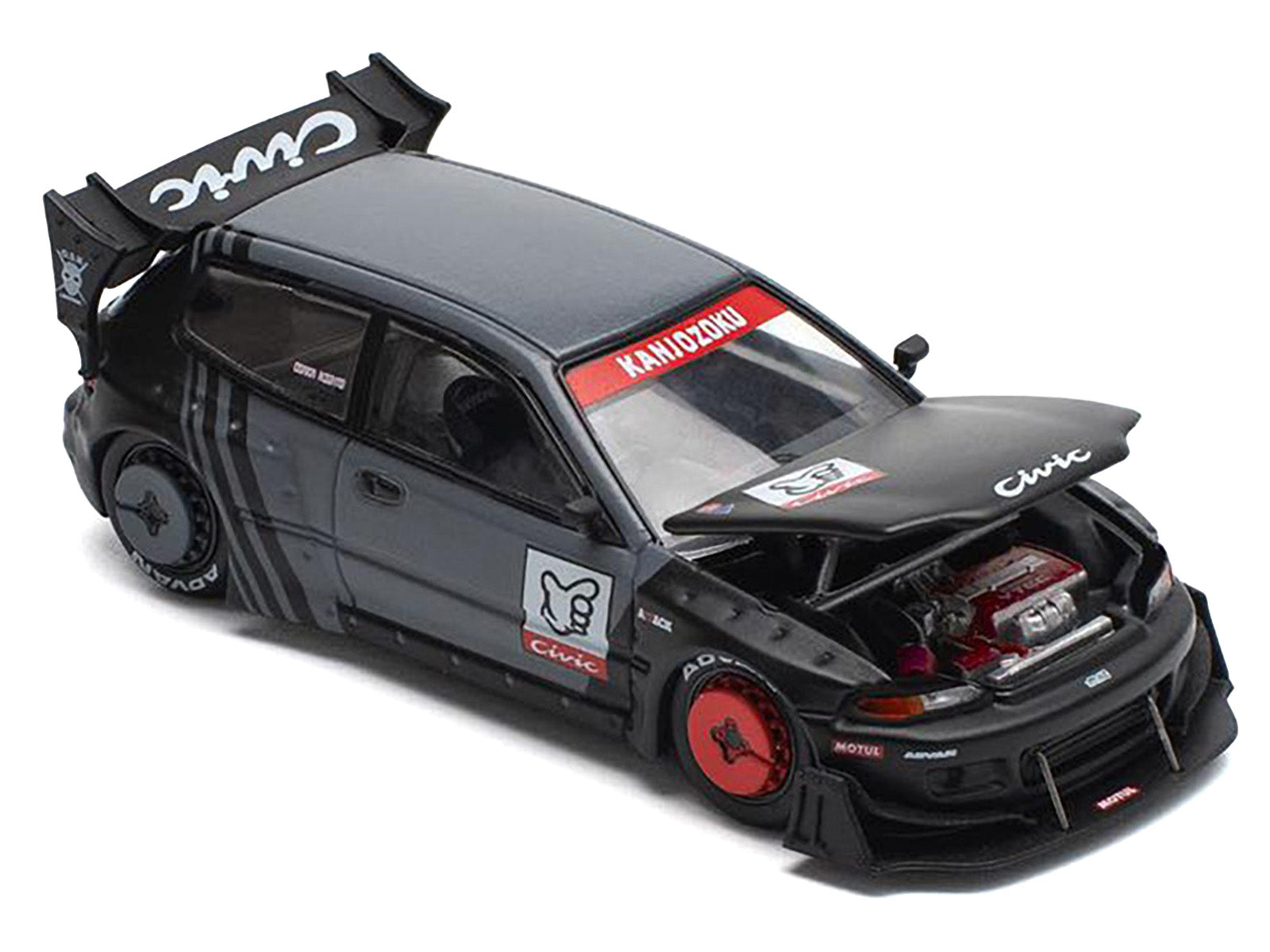 Pandem Civic EG6 RHD (Right Hand Drive) &quot;Kanjozoku&quot; Matt Black and Gray with Graphics 1/64 Diecast Model Car by Pop Race