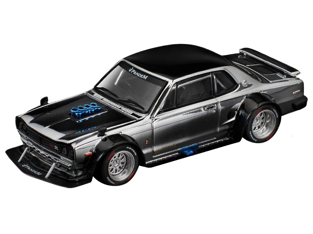 Skyline GT-R V8 Drift &quot;Hakosuka&quot; RHD (Right Hand Drive) Silver Chrome with Black Hood and Top 1/64 Diecast Model Car by Pop Race