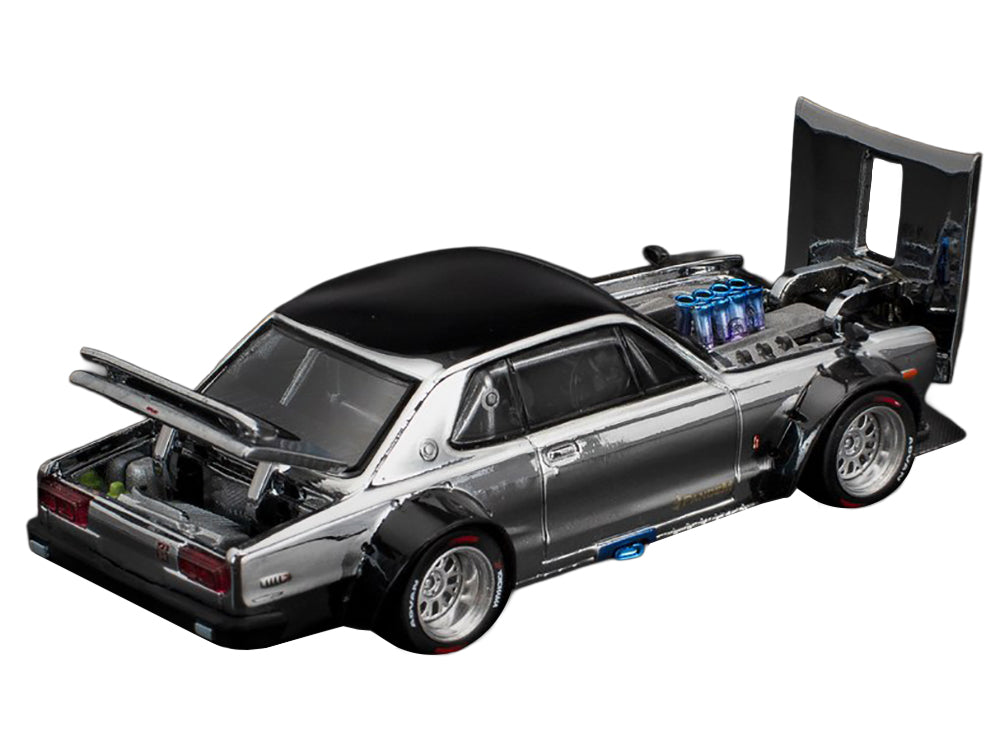 Skyline GT-R V8 Drift &quot;Hakosuka&quot; RHD (Right Hand Drive) Silver Chrome with Black Hood and Top 1/64 Diecast Model Car by Pop Race