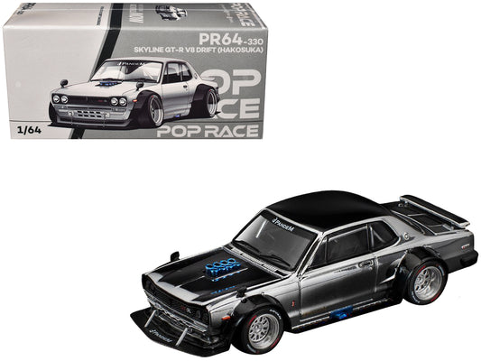 Skyline GT-R V8 Drift &quot;Hakosuka&quot; RHD (Right Hand Drive) Silver Chrome with Black Hood and Top 1/64 Diecast Model Car by Pop Race