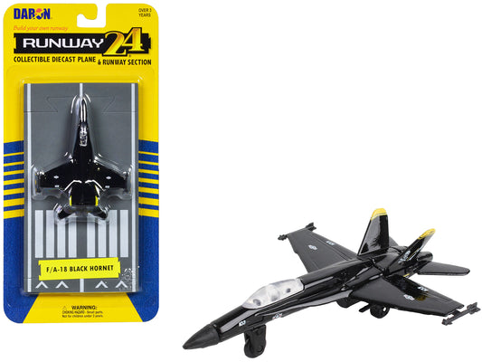 McDonnell Douglas F/A-18 Hornet Fighter Aircraft Black &quot;United States Navy&quot; with Runway Section Diecast Model Airplane by Runway24