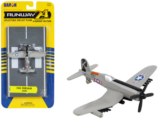 Vought F4U Corsair Fighter Aircraft Gray &quot;United States Navy&quot; with Runway Section Diecast Model Airplane by Runway24