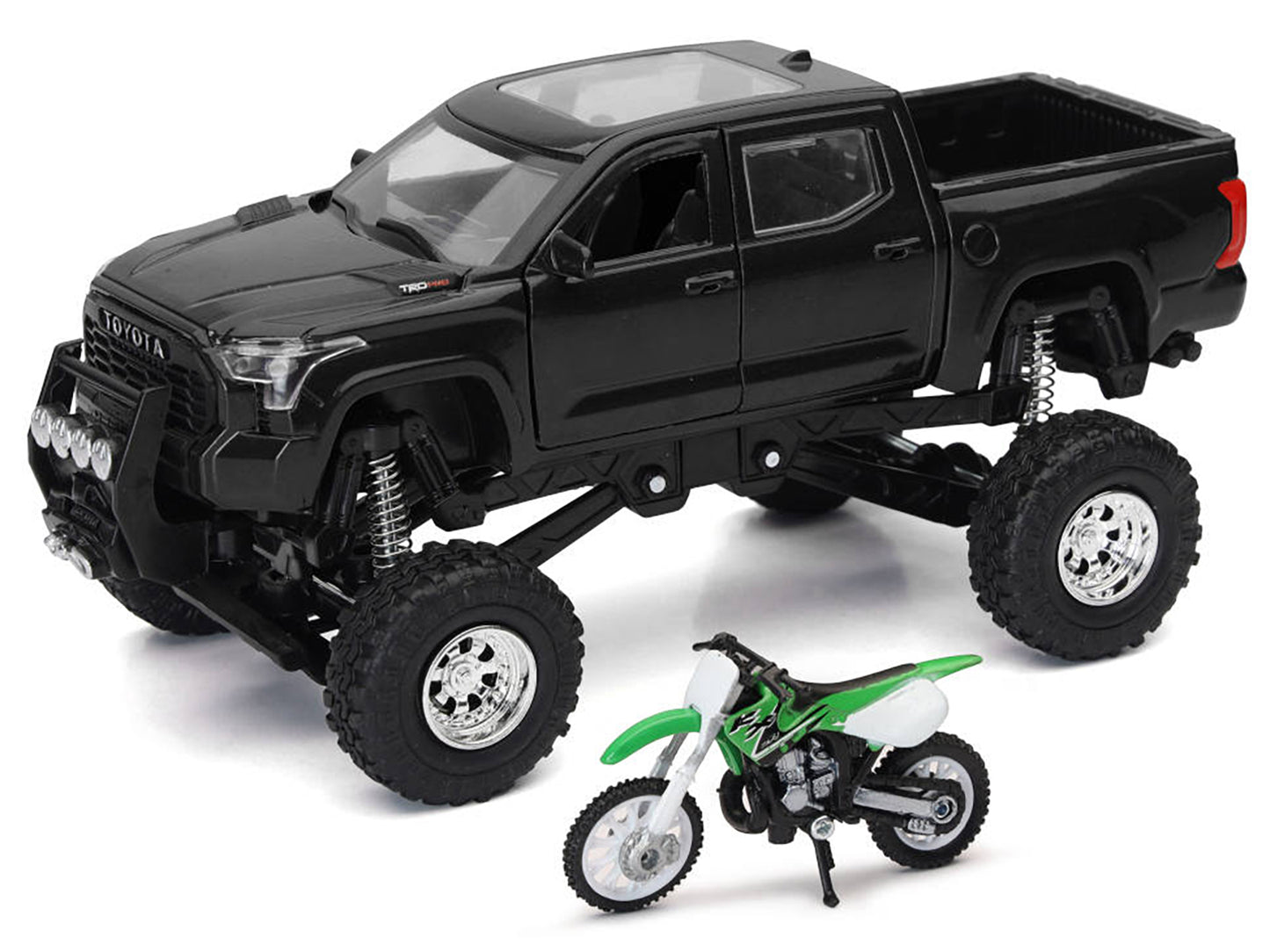 Toyota Tundra Pro Pickup Truck Black and Kawasaki KX 250 Motorcycle Green and White &quot;Xtreme Off-Road&quot; Series 1/32 Diecast Models by New Ray