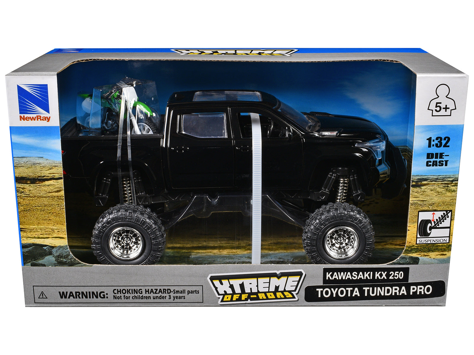 Toyota Tundra Pro Pickup Truck Black and Kawasaki KX 250 Motorcycle Green and White &quot;Xtreme Off-Road&quot; Series 1/32 Diecast Models by New Ray