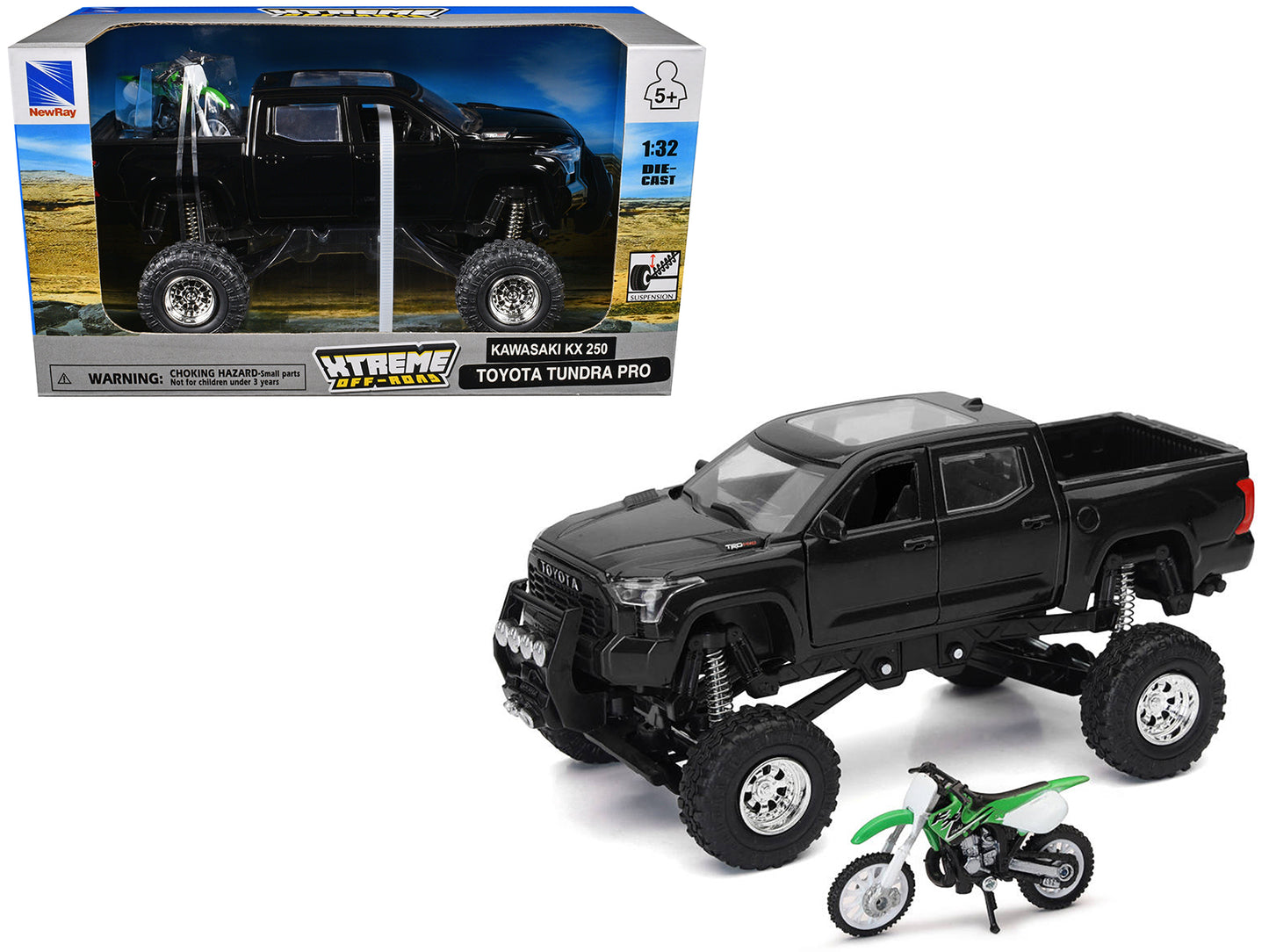 Toyota Tundra Pro Pickup Truck Black and Kawasaki KX 250 Motorcycle Green and White &quot;Xtreme Off-Road&quot; Series 1/32 Diecast Models by New Ray