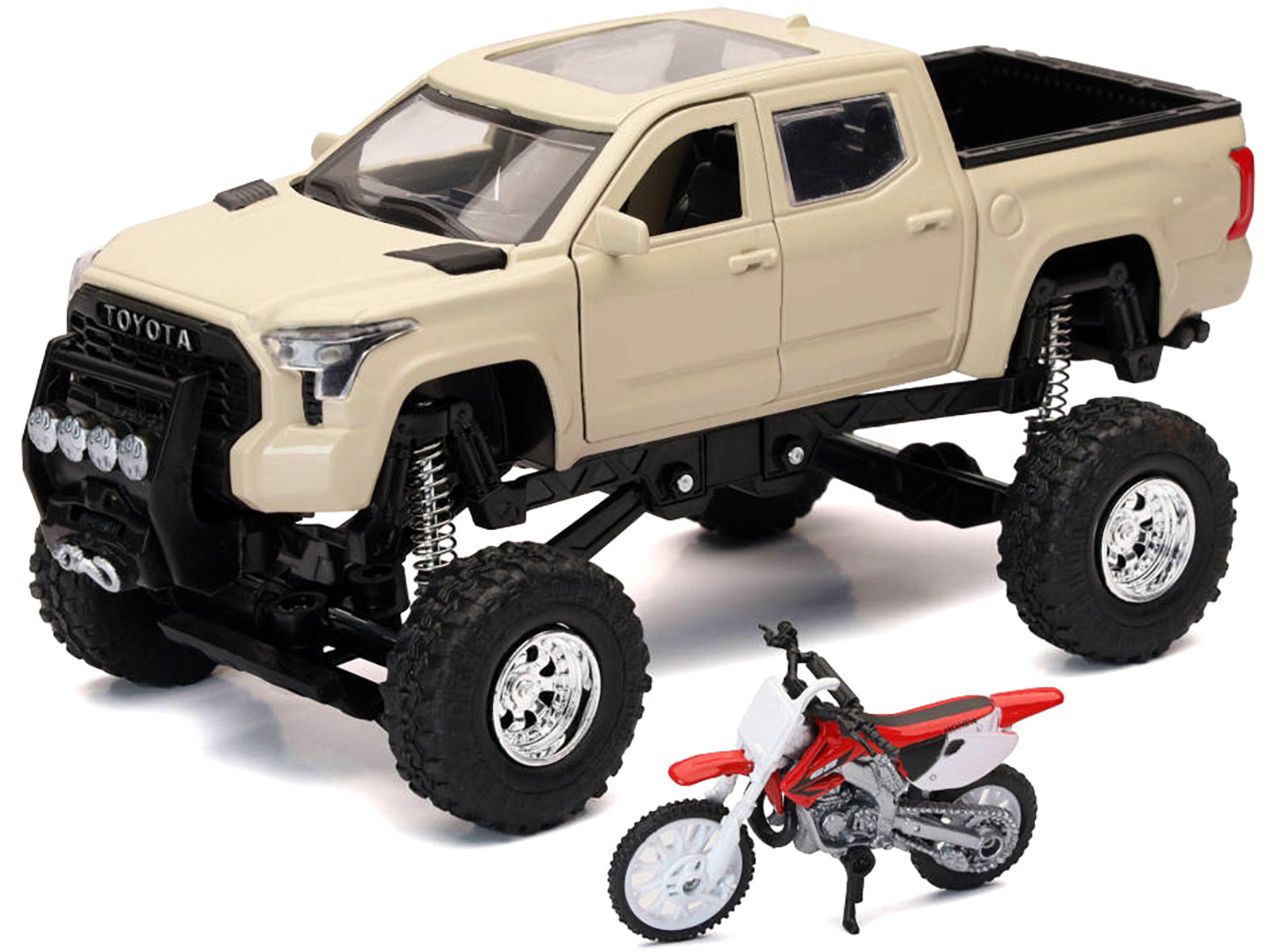 Toyota Tundra Pro Pickup Truck Tan and Honda CR250R Motorcycle Red and White &quot;Xtreme Off-Road&quot; Series 1/32 Diecast Models by New Ray