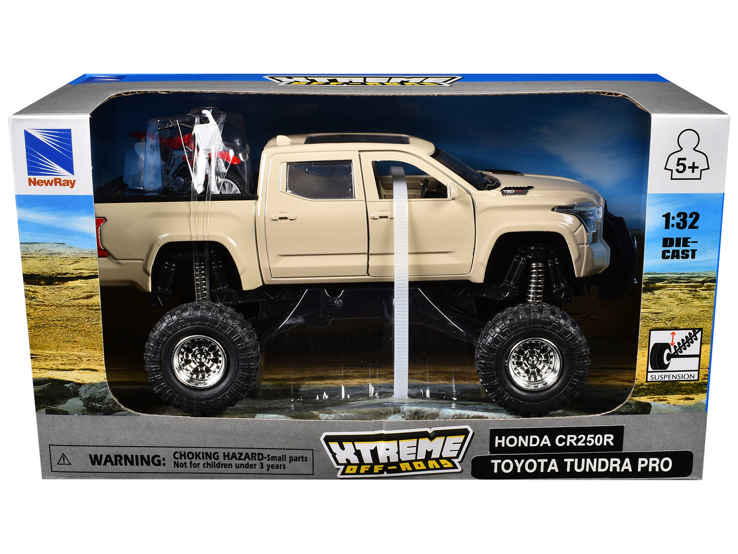 Toyota Tundra Pro Pickup Truck Tan and Honda CR250R Motorcycle Red and White &quot;Xtreme Off-Road&quot; Series 1/32 Diecast Models by New Ray