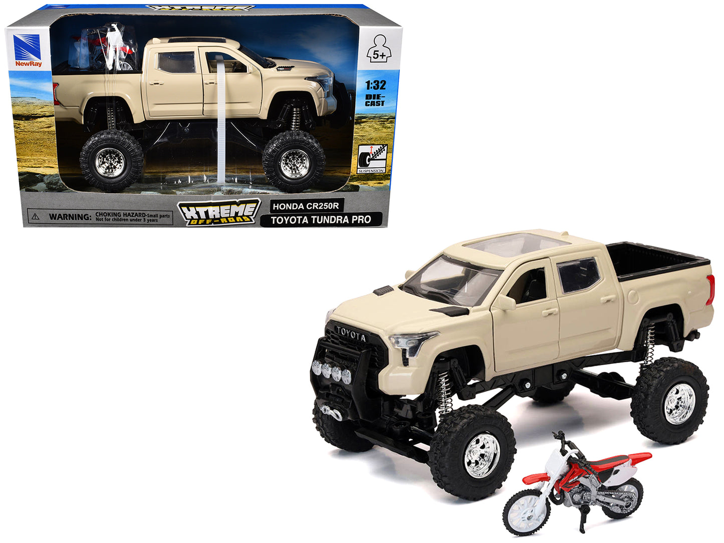 Toyota Tundra Pro Pickup Truck Tan and Honda CR250R Motorcycle Red and White &quot;Xtreme Off-Road&quot; Series 1/32 Diecast Models by New Ray