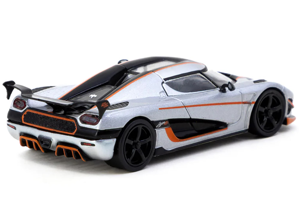 Koenigsegg Agera RS Moon Silver Metallic with Black and Orange Stripes &quot;Global64&quot; Series 1/64 Diecast Model by Tarmac Works