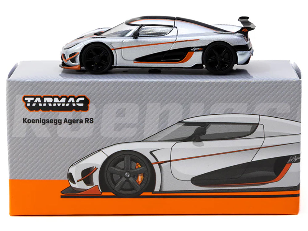 Koenigsegg Agera RS Moon Silver Metallic with Black and Orange Stripes &quot;Global64&quot; Series 1/64 Diecast Model by Tarmac Works