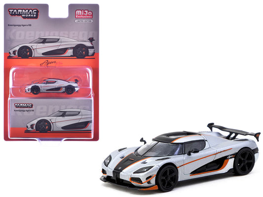 Koenigsegg Agera RS Moon Silver Metallic with Black and Orange Stripes &quot;Global64&quot; Series 1/64 Diecast Model by Tarmac Works