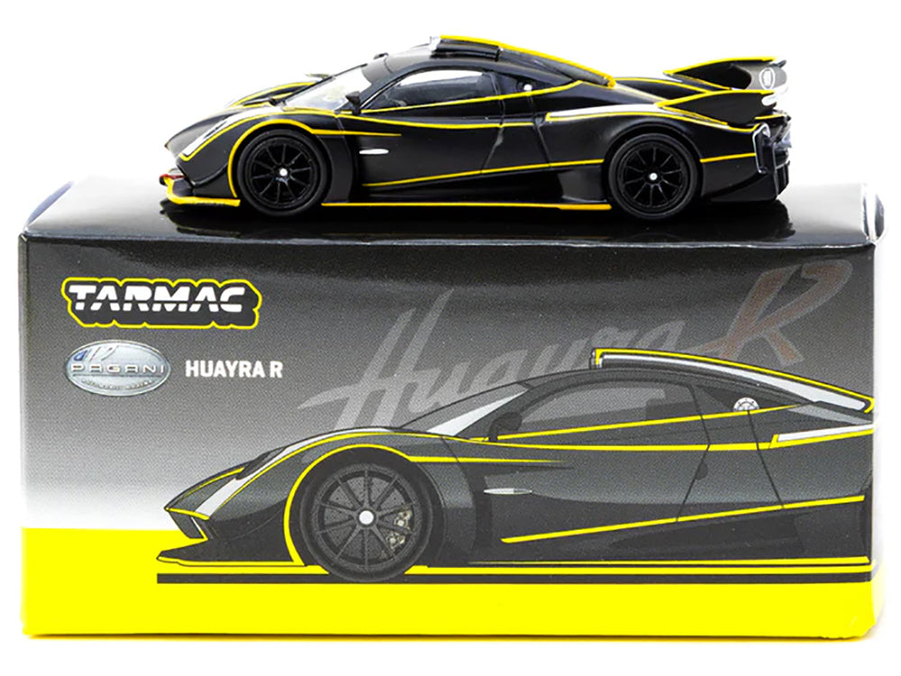 Pagani Huayra R Matt Black with Silver Accents and Yellow Stripes &quot;Global64&quot; Series 1/64 Diecast Model by Tarmac Works