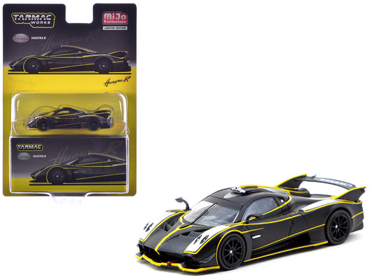 Pagani Huayra R Matt Black with Silver Accents and Yellow Stripes &quot;Global64&quot; Series 1/64 Diecast Model by Tarmac Works