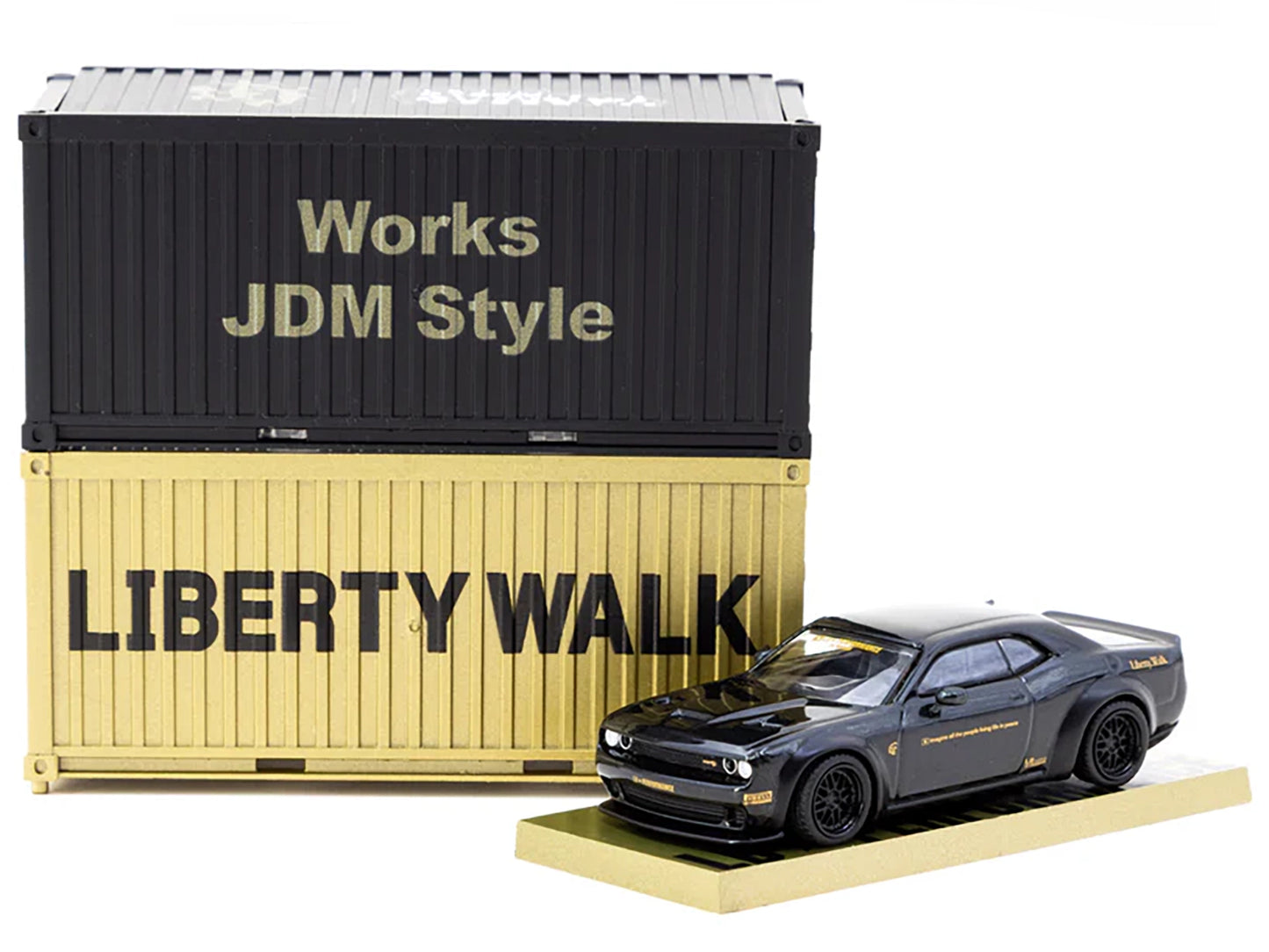 Dodge Challenger SRT Hellcat &quot;LB-WORKS - Liberty Walk&quot; Black Metallic with Shipping Container Display Case &quot;Global64&quot; Series 1/64 Diecast Model Car by Tarmac Works