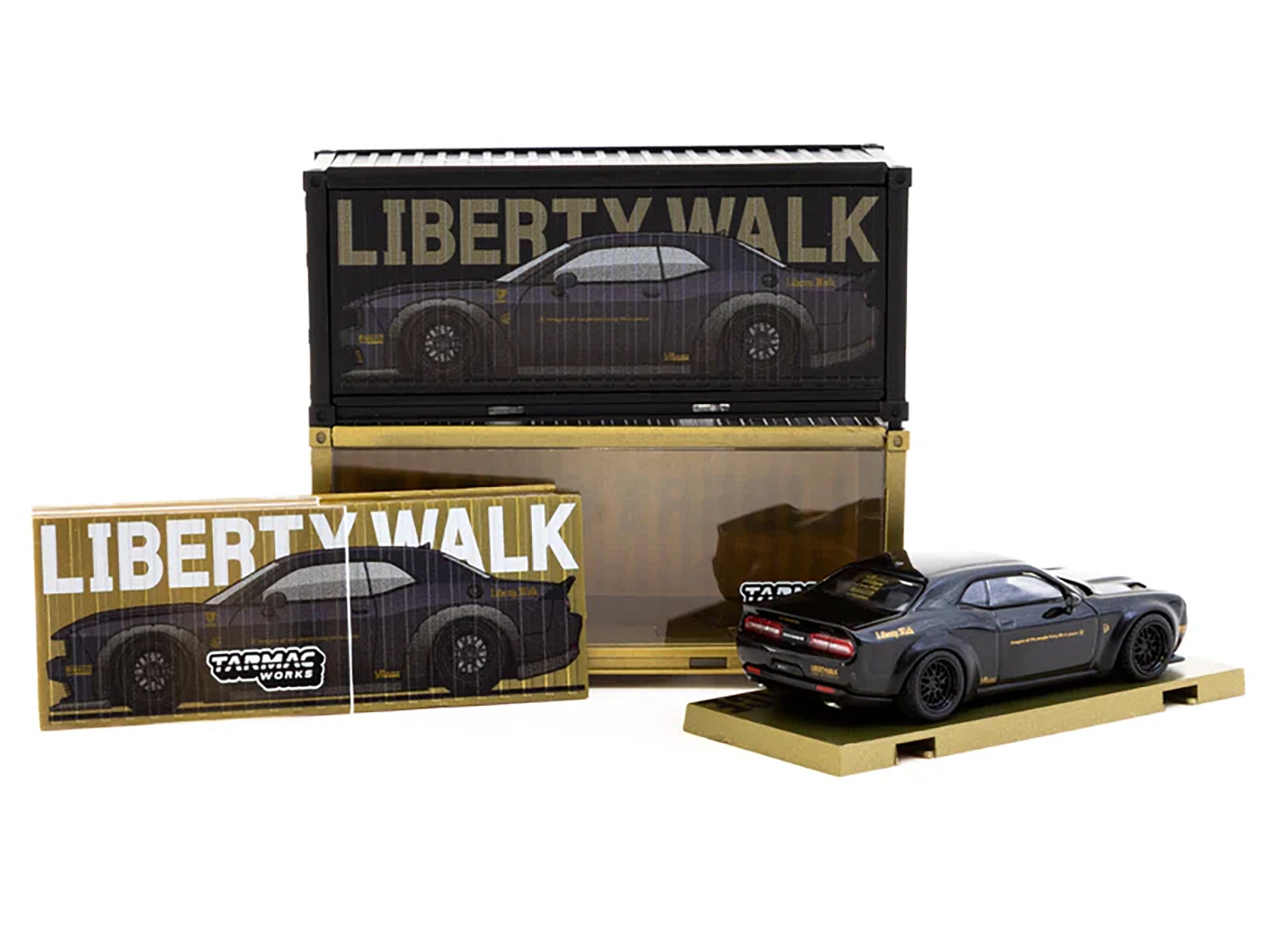 Dodge Challenger SRT Hellcat &quot;LB-WORKS - Liberty Walk&quot; Black Metallic with Shipping Container Display Case &quot;Global64&quot; Series 1/64 Diecast Model Car by Tarmac Works