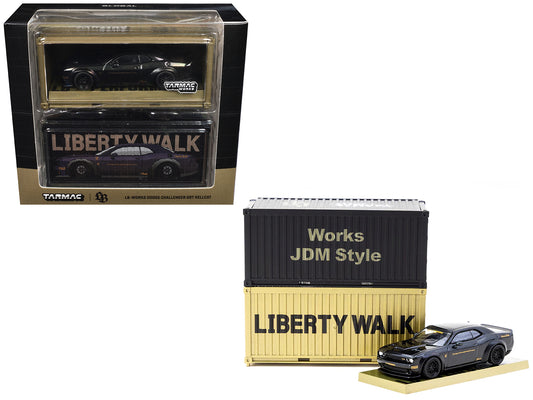 Dodge Challenger SRT Hellcat &quot;LB-WORKS - Liberty Walk&quot; Black Metallic with Shipping Container Display Case &quot;Global64&quot; Series 1/64 Diecast Model Car by Tarmac Works