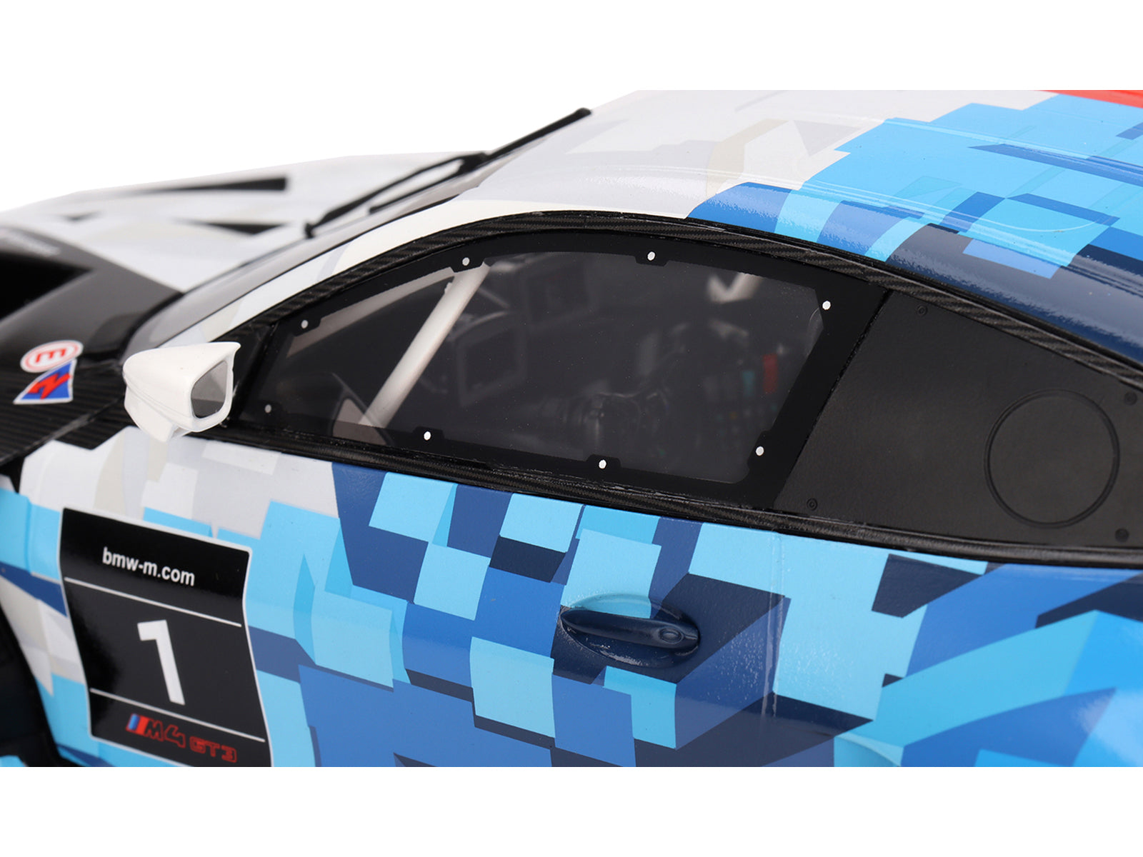 BMW M4 GT3 EVO Presentation #1 White with Carbon Blue and Red Graphics 1/18 Model Car by Top Speed