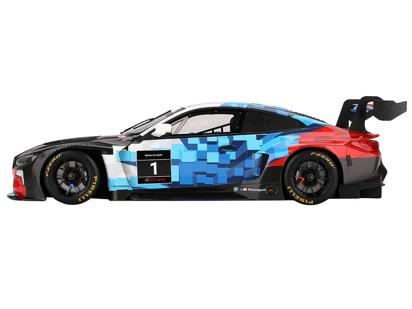 BMW M4 GT3 EVO Presentation #1 White with Carbon Blue and Red Graphics 1/18 Model Car by Top Speed