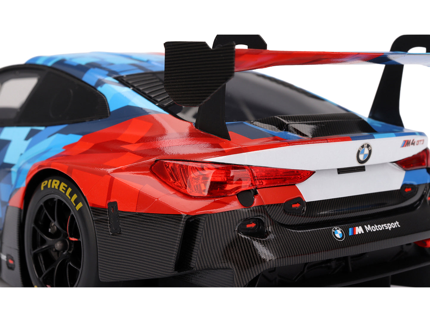 BMW M4 GT3 EVO Presentation #1 White with Carbon Blue and Red Graphics 1/18 Model Car by Top Speed