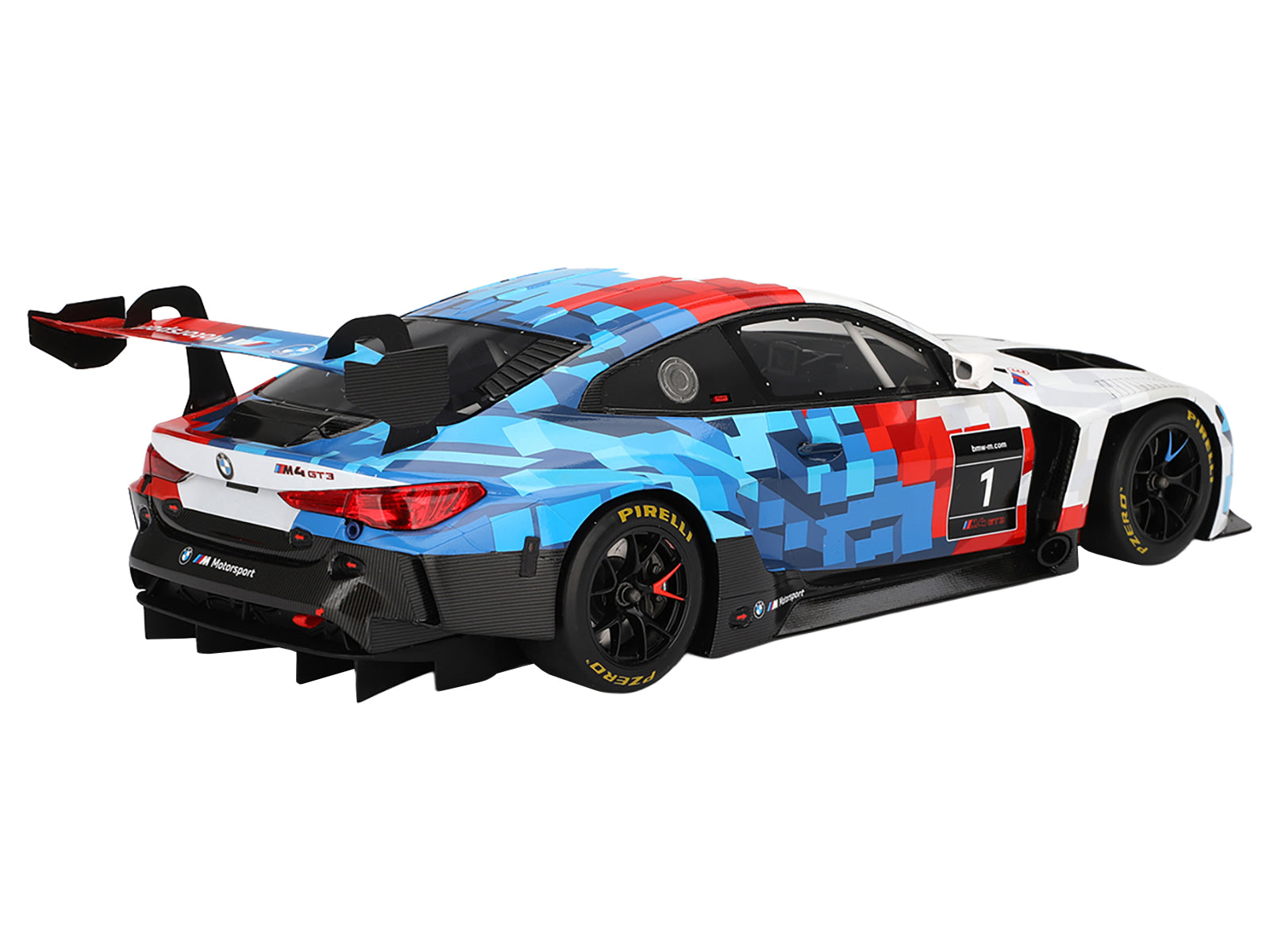 BMW M4 GT3 EVO Presentation #1 White with Carbon Blue and Red Graphics 1/18 Model Car by Top Speed