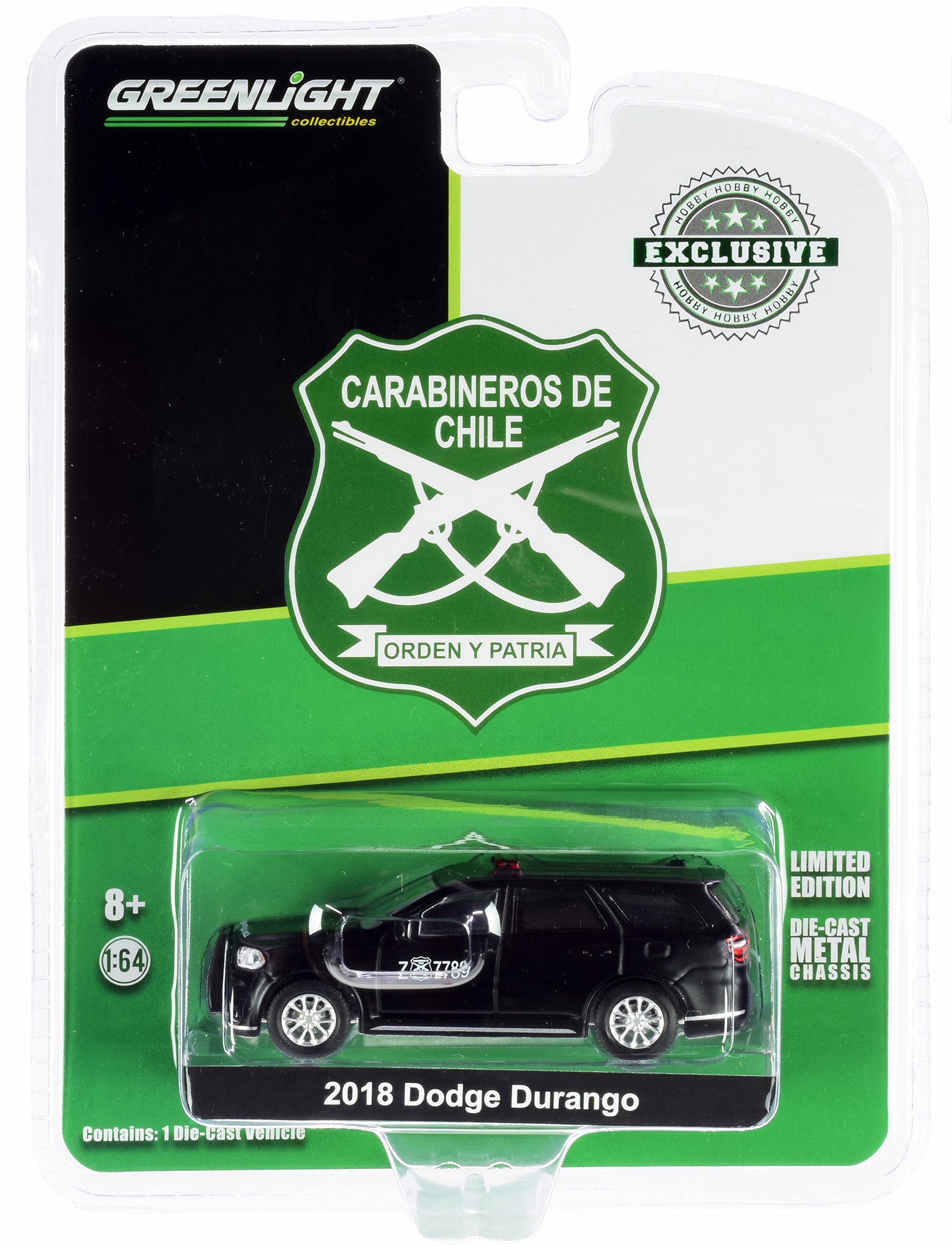 2018 Dodge Durango Police Car Matt Black &quot;Carabineros de Chile&quot; &quot;Hobby Exclusive&quot; 1/64 Diecast Model Car by Greenlight