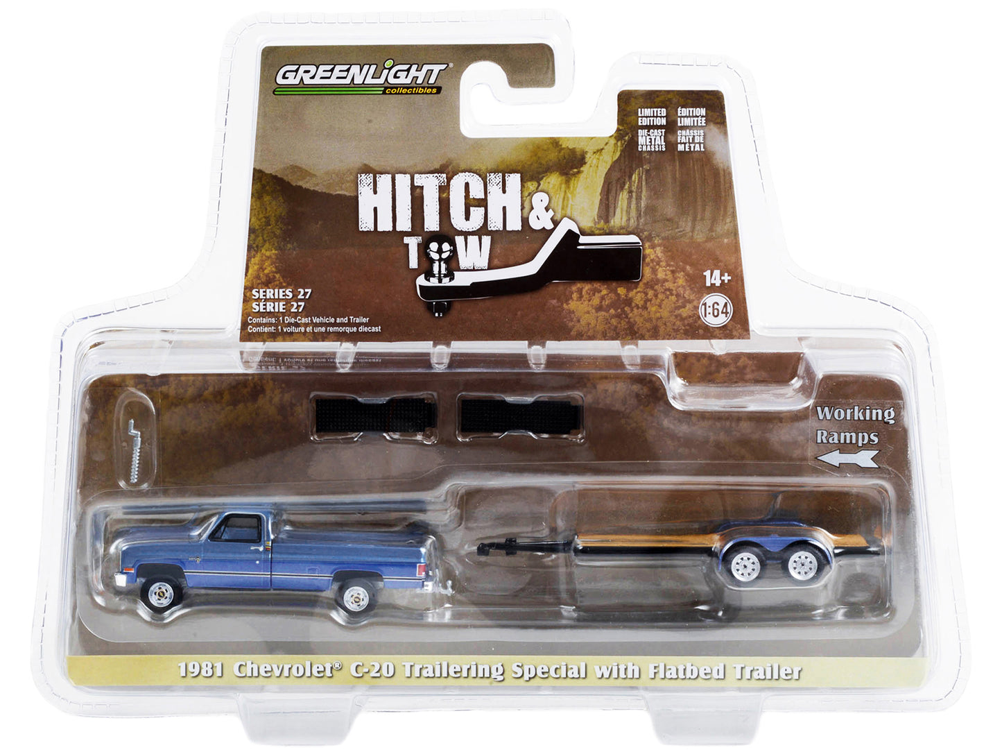 1981 Chevrolet C-20 Trailering Special Pickup Truck Blue with Black Stripes and Flatbed Trailer &quot;Hitch & Tow&quot; Series 27 1/64 Diecast Model Car by Greenlight