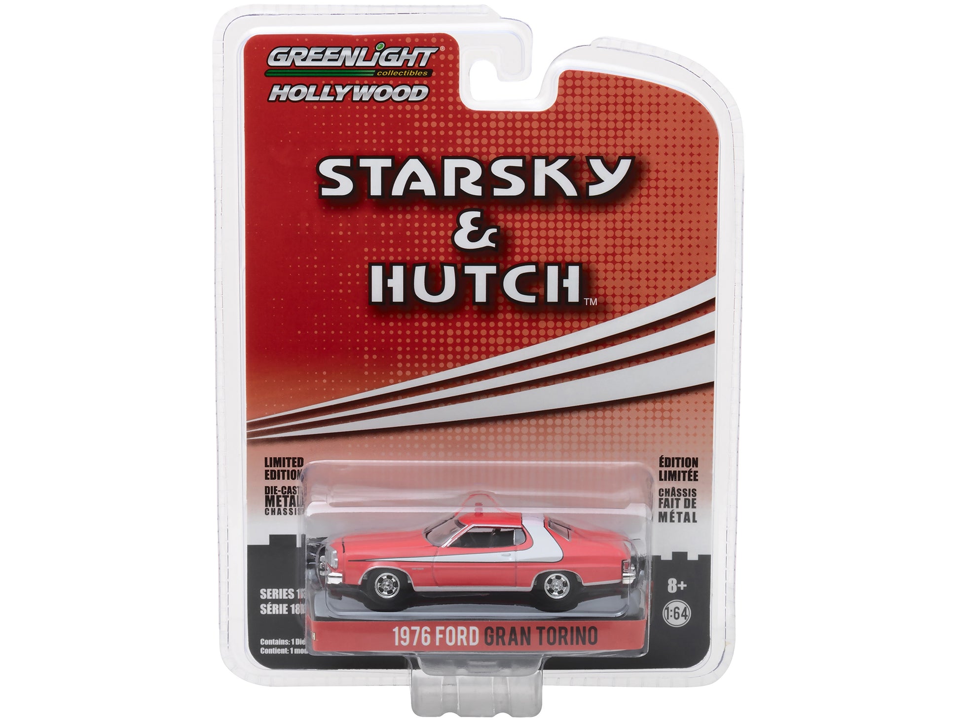 1976 Ford Gran Torino Red with White Stripe &quot;Starsky and Hutch&quot; (1975-1979) TV Series &quot;Hollywood Series&quot; Release 18 1/64 Diecast Model Car by Greenlight