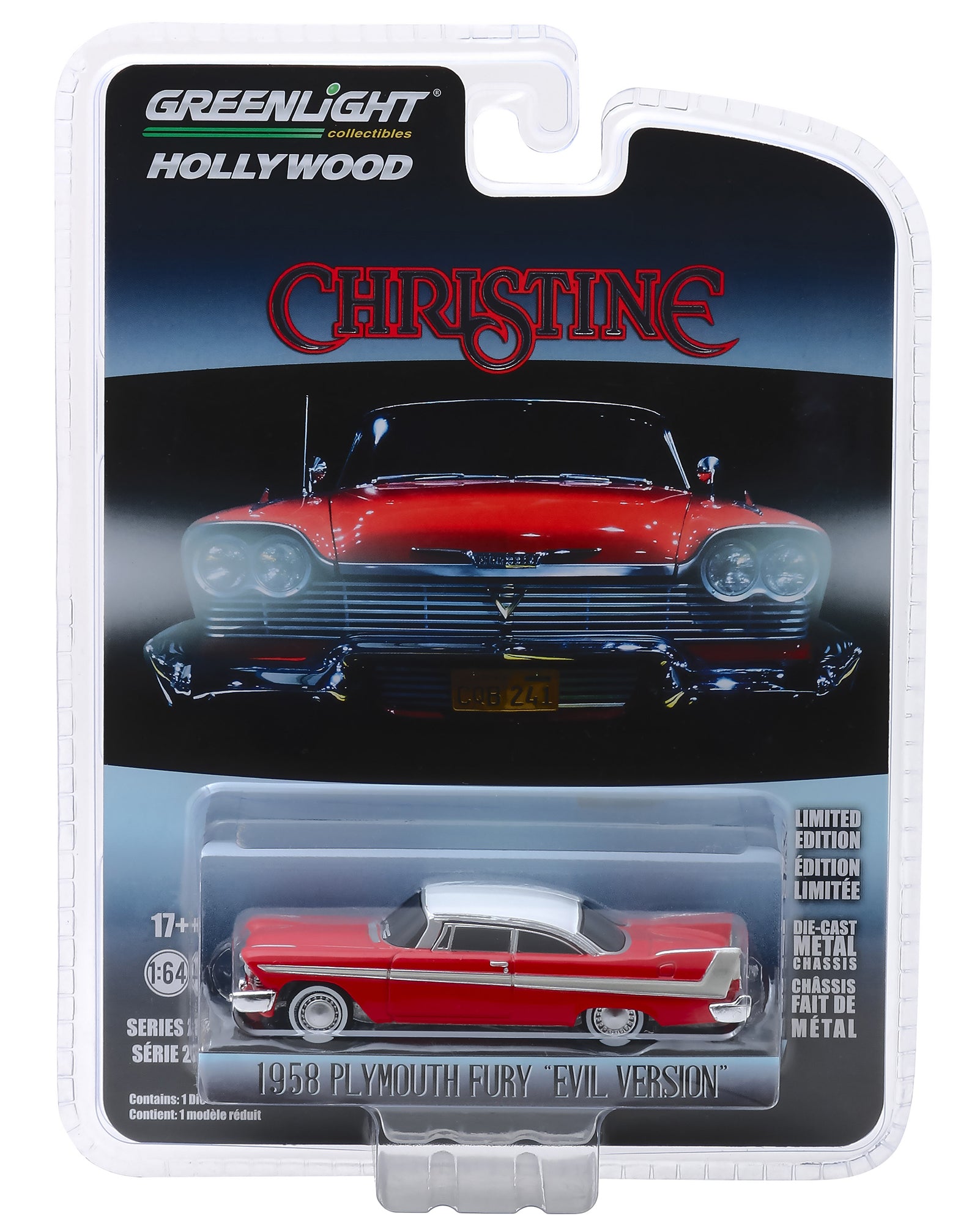 1958 Plymouth Fury Red with White Top &quot;Evil Version&quot; (Blacked Out Windows) &quot;Christine&quot; (1983) Movie &quot;Hollywood Series&quot; Release 24 1/64 Diecast Model Car by Greenlight
