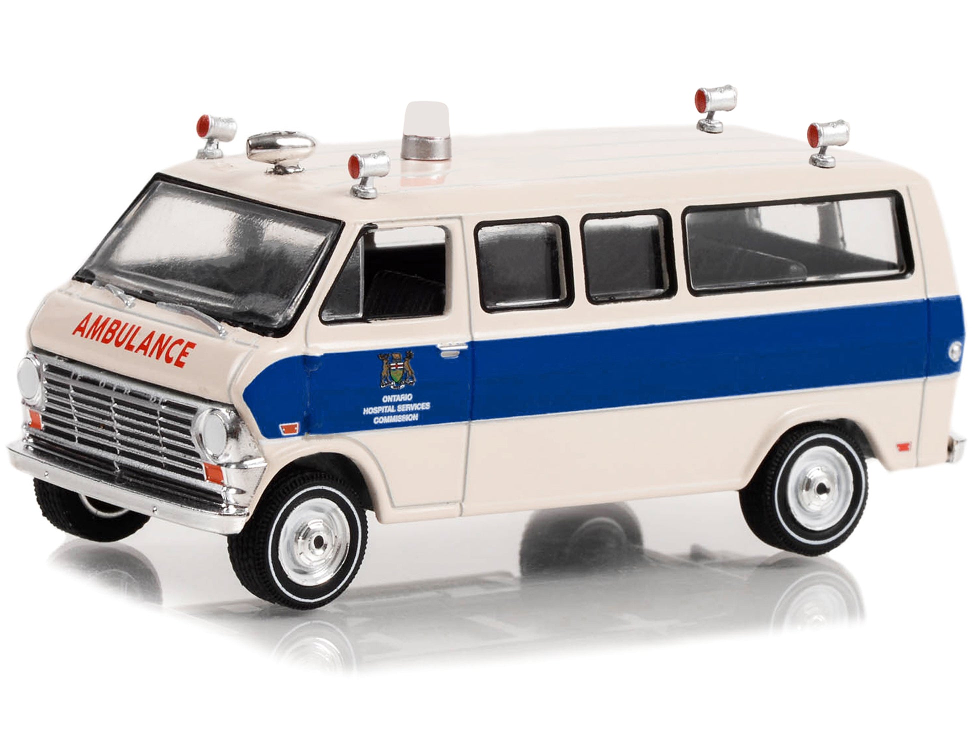 1969 Ford Econoline Ambulance Beige with Blue Stripes &quot;Ontario Hospital Services Commission Ontario Canada&quot; &quot;First Responders&quot; Series 1 1/64 Diecast Model Car by Greenlight
