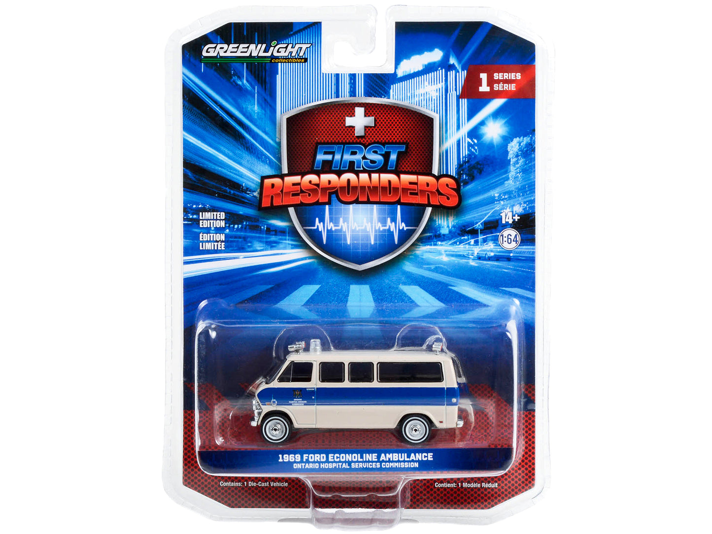 1969 Ford Econoline Ambulance Beige with Blue Stripes &quot;Ontario Hospital Services Commission Ontario Canada&quot; &quot;First Responders&quot; Series 1 1/64 Diecast Model Car by Greenlight
