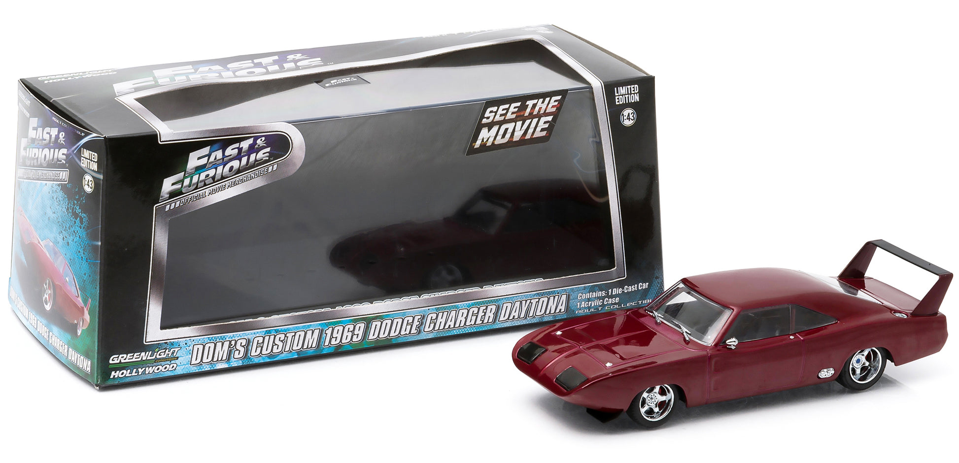 Dom's 1969 Dodge Charger Daytona Maroon &quot;Fast and Furious 6&quot; Movie (2013) 1/43 Diecast Model Car by Greenlight