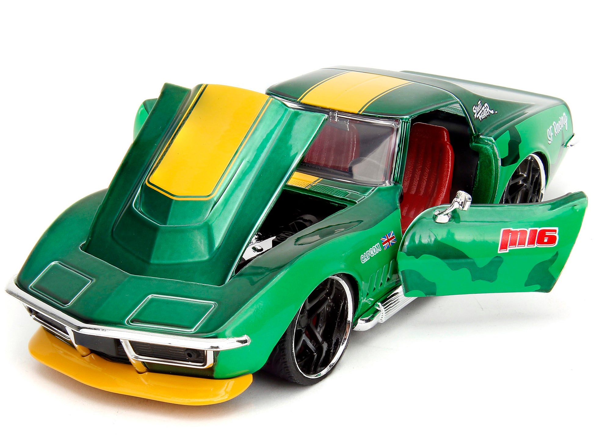 1969 Chevrolet Corvette Stingray ZL1 Green Metallic with Yellow Stripes and Cammy Diecast Figure &quot;Street Fighter&quot; Video Game &quot;Anime Hollywood Rides&quot; Series 1/24 Diecast Model Car by Jada