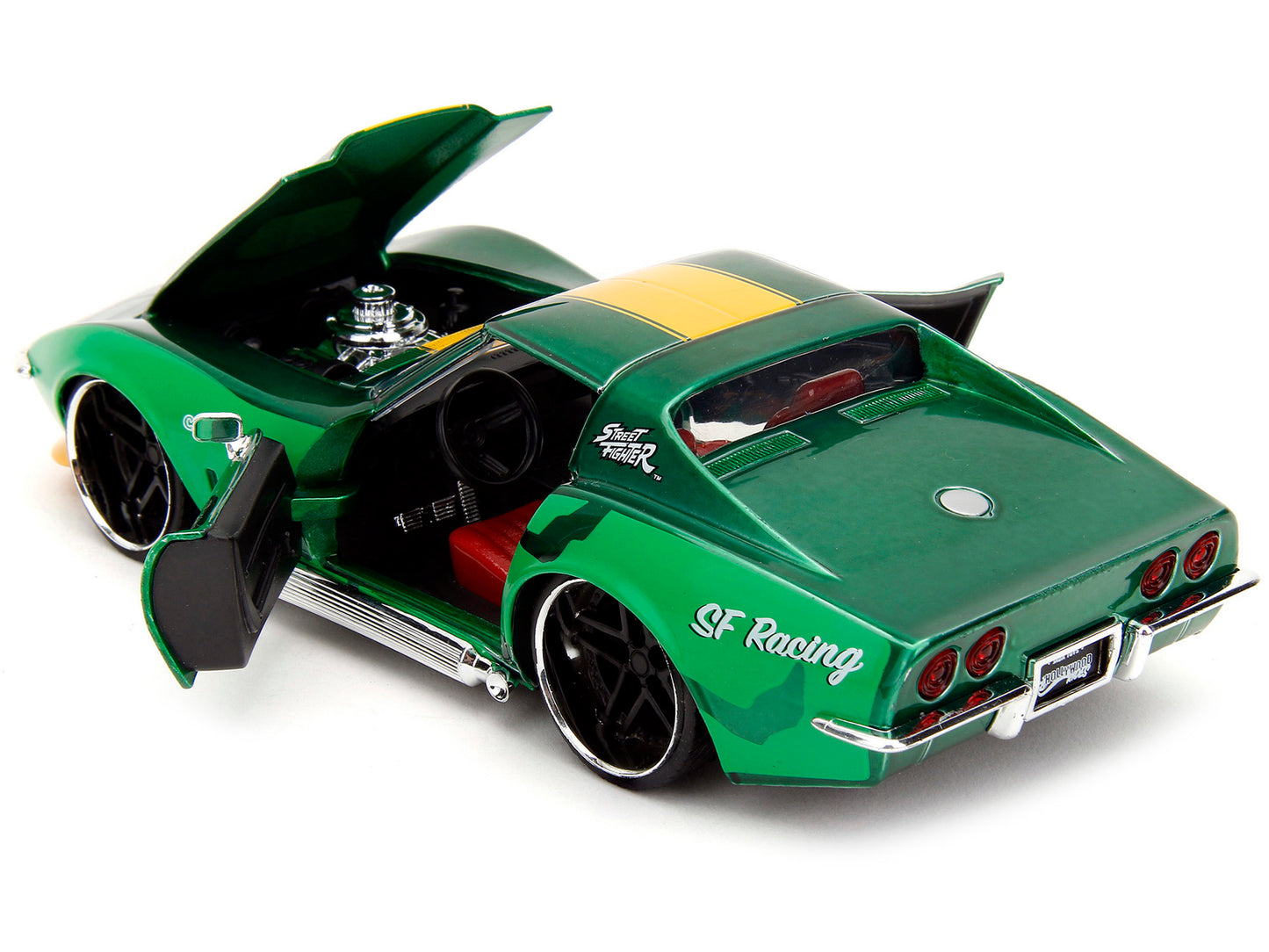1969 Chevrolet Corvette Stingray ZL1 Green Metallic with Yellow Stripes and Cammy Diecast Figure &quot;Street Fighter&quot; Video Game &quot;Anime Hollywood Rides&quot; Series 1/24 Diecast Model Car by Jada