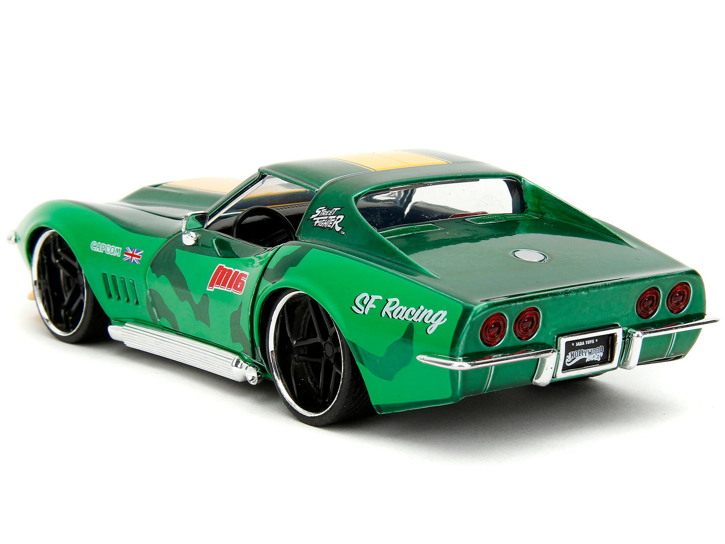 1969 Chevrolet Corvette Stingray ZL1 Green Metallic with Yellow Stripes and Cammy Diecast Figure &quot;Street Fighter&quot; Video Game &quot;Anime Hollywood Rides&quot; Series 1/24 Diecast Model Car by Jada