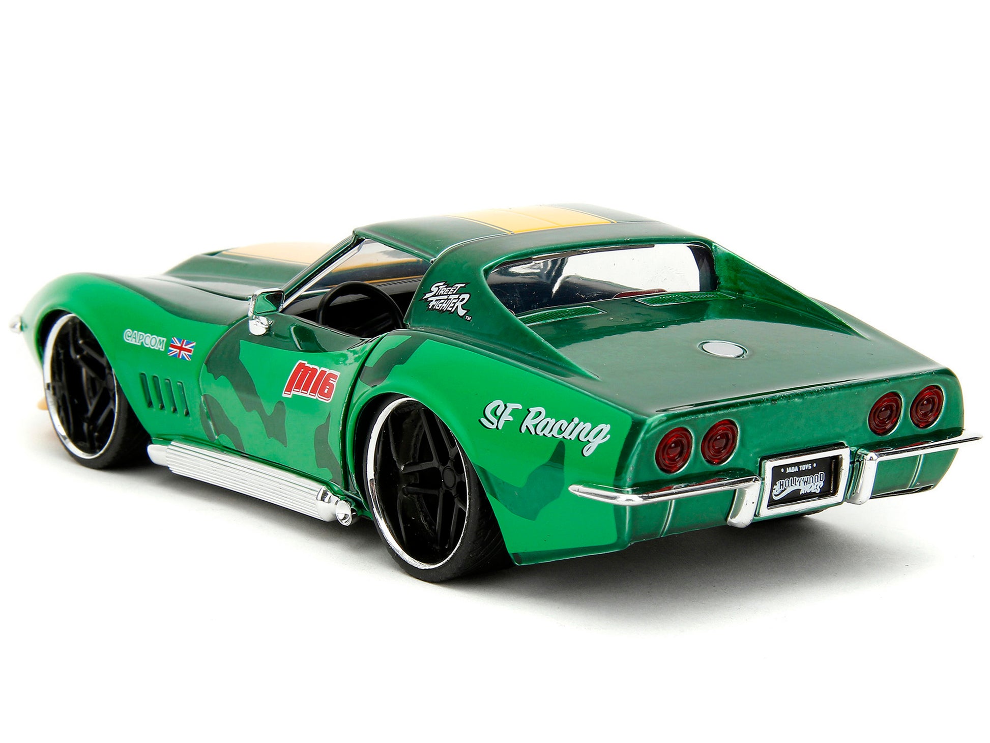 1969 Chevrolet Corvette Stingray ZL1 Green Metallic with Yellow Stripes and Cammy Diecast Figure &quot;Street Fighter&quot; Video Game &quot;Anime Hollywood Rides&quot; Series 1/24 Diecast Model Car by Jada