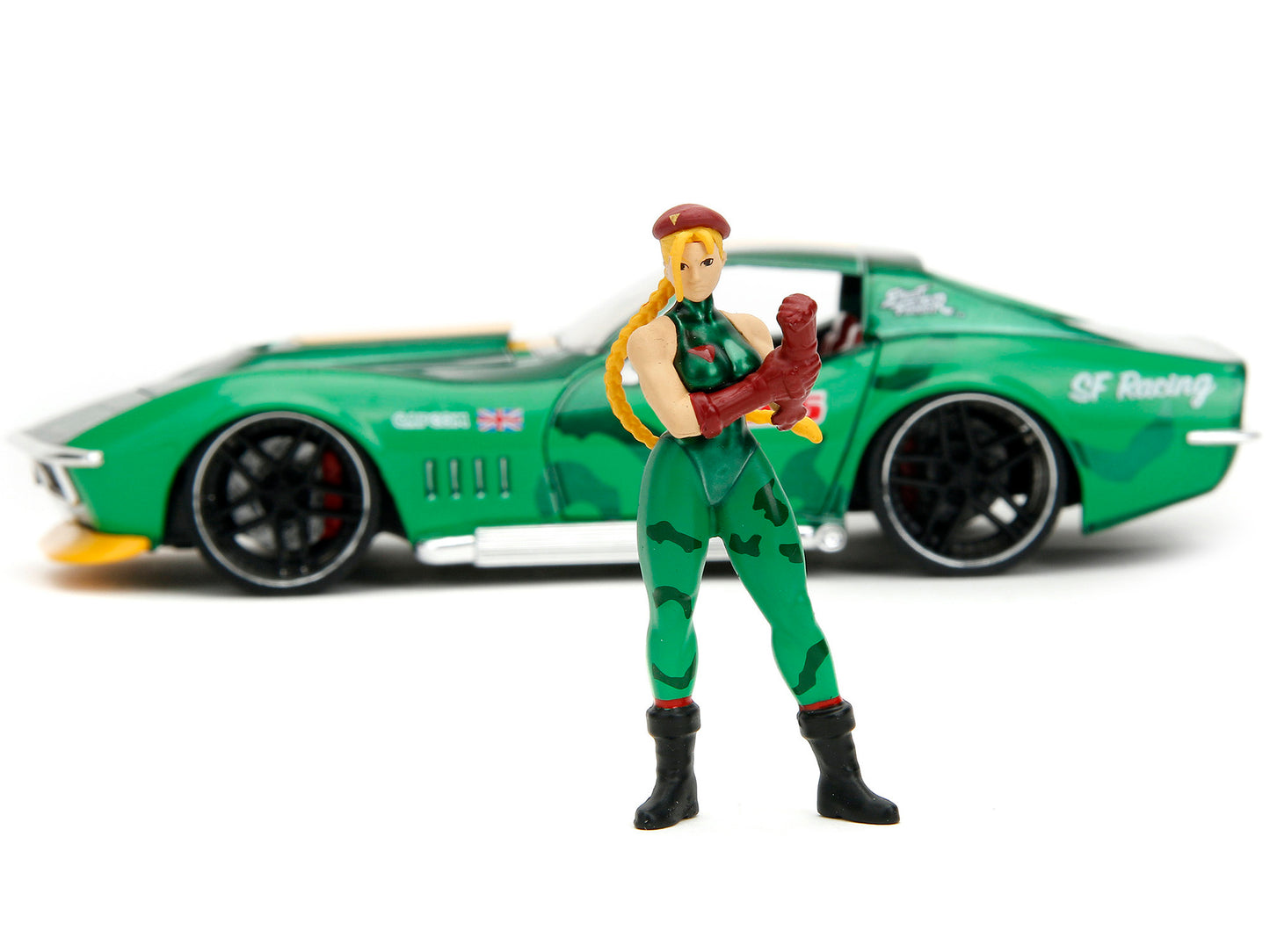 1969 Chevrolet Corvette Stingray ZL1 Green Metallic with Yellow Stripes and Cammy Diecast Figure &quot;Street Fighter&quot; Video Game &quot;Anime Hollywood Rides&quot; Series 1/24 Diecast Model Car by Jada