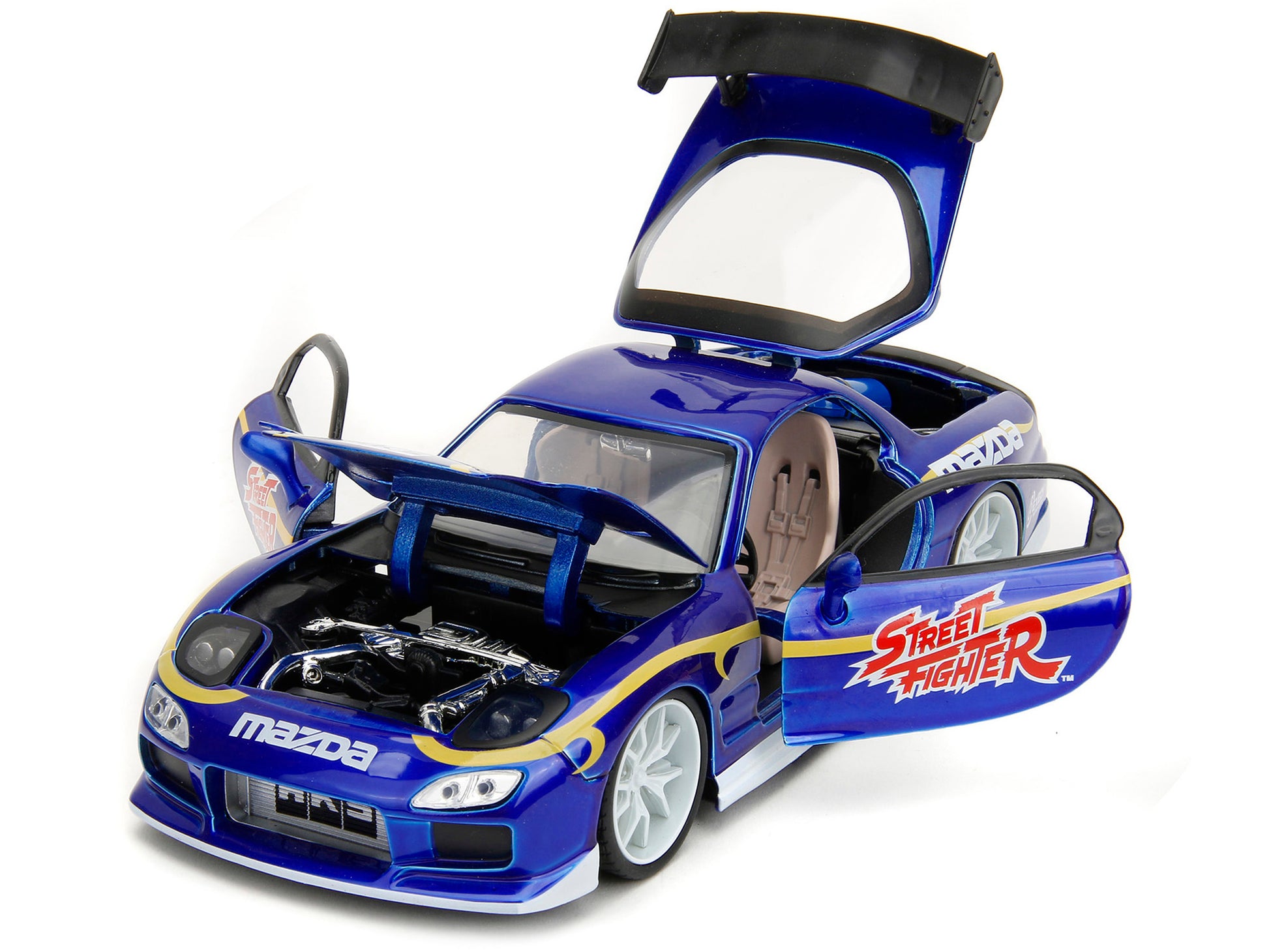 1993 Mazda RX-7 Candy Blue Metallic with Graphics and Chun-Li Diecast Figure &quot;Street Fighter&quot; Video Game &quot;Anime Hollywood Rides&quot; Series 1/24 Diecast Model Car by Jada