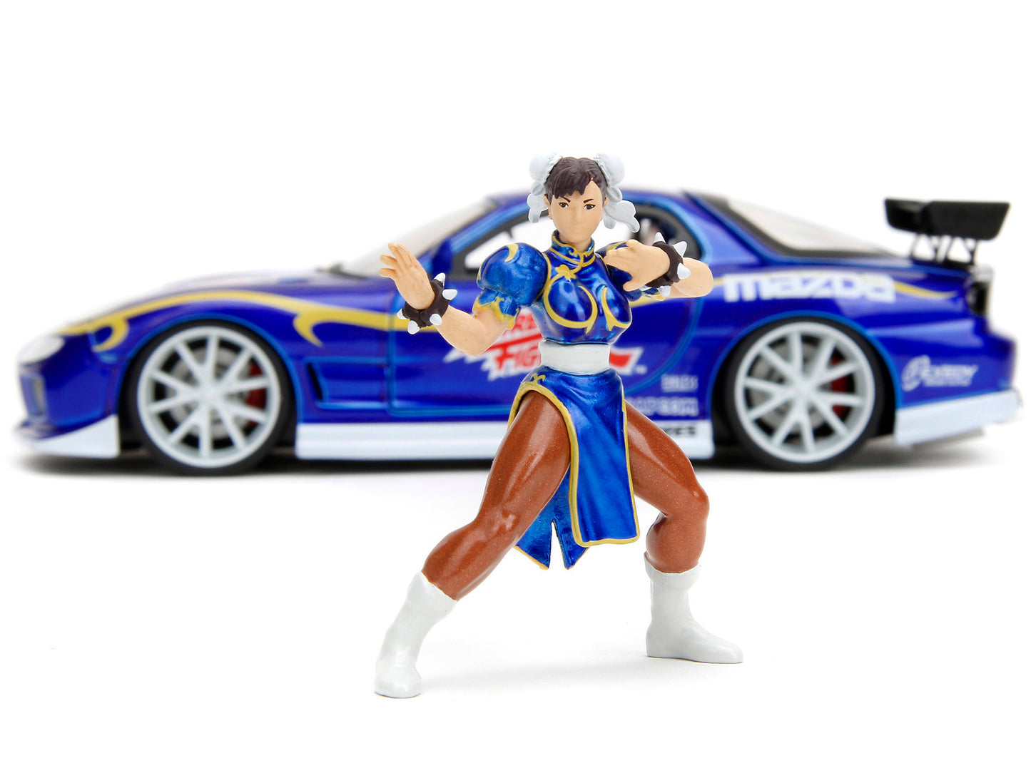 1993 Mazda RX-7 Candy Blue Metallic with Graphics and Chun-Li Diecast Figure &quot;Street Fighter&quot; Video Game &quot;Anime Hollywood Rides&quot; Series 1/24 Diecast Model Car by Jada